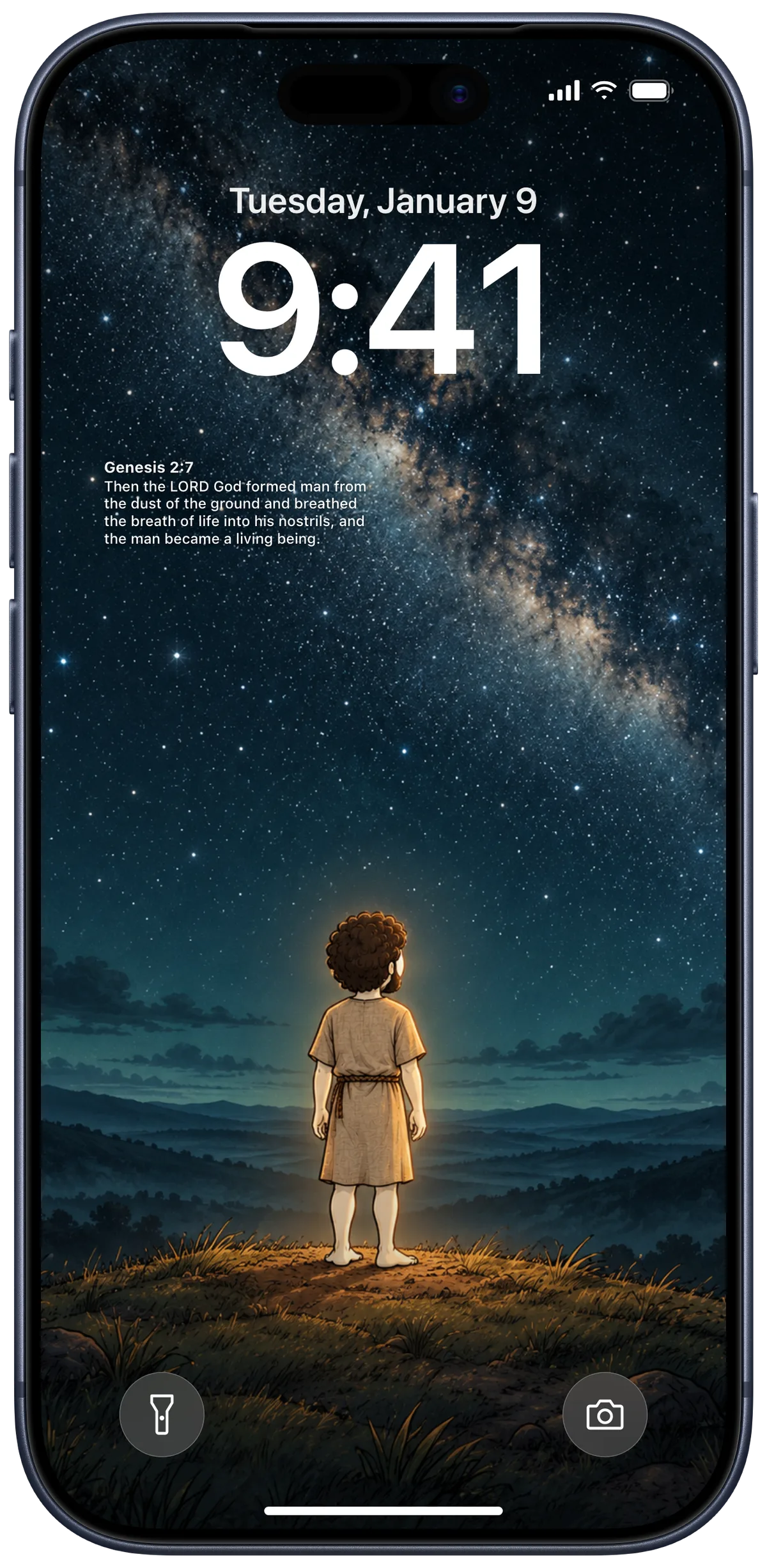 Genesis 2:7 on an iPhone Lock Screen, over a painting from The Creation